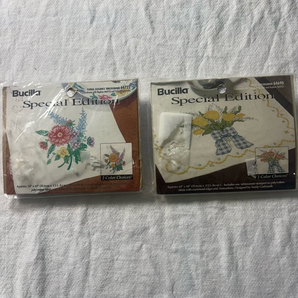 Vintage Bucilla Special Edition stamped needlework table runner kits.